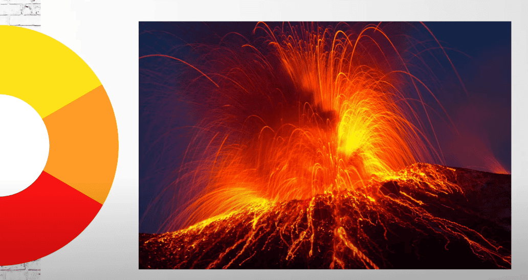 Color wheel with warm tones on one side, with a picture of an erupting volcano